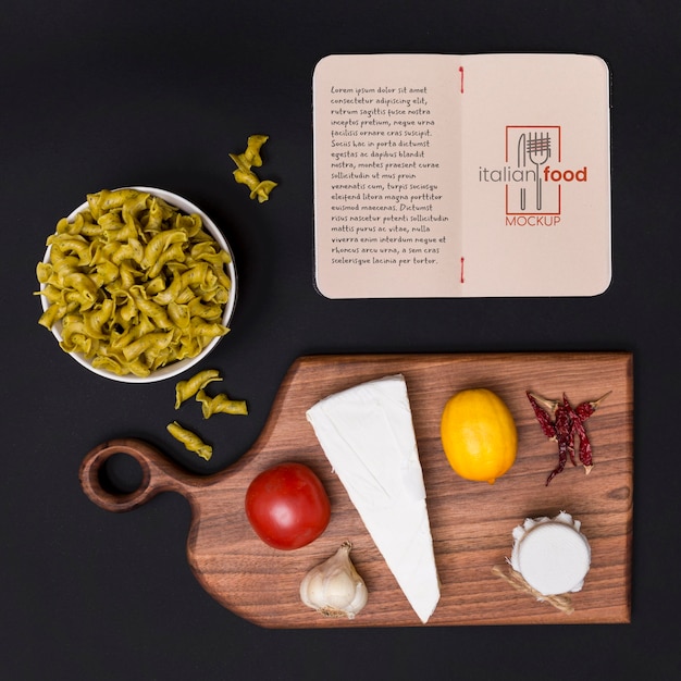 PSD flat lay italian cheese and pasta