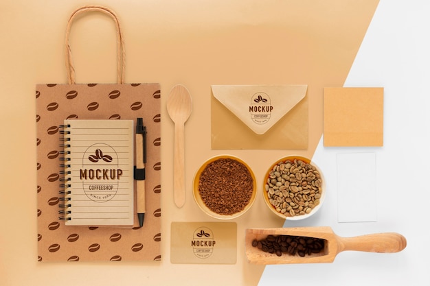 PSD flat lay items arrangement coffee branding