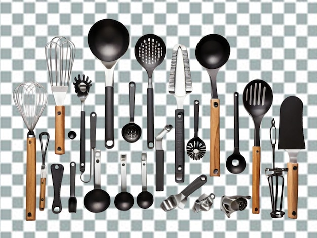 PSD flat lay kitchen utensils arrangement png