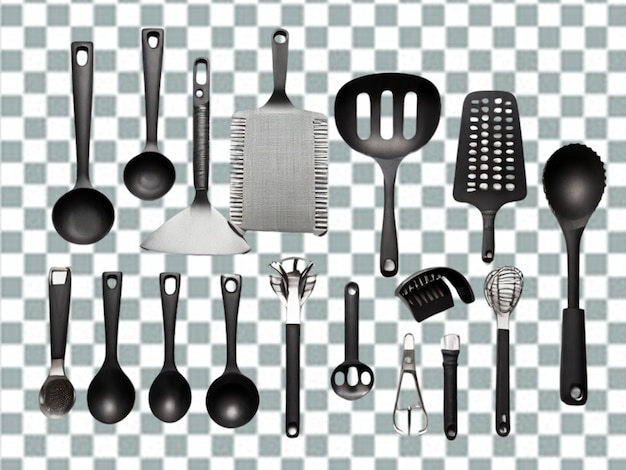 PSD flat lay kitchen utensils arrangement png