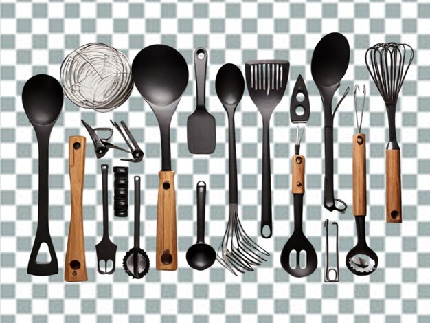 PSD flat lay kitchen utensils arrangement png