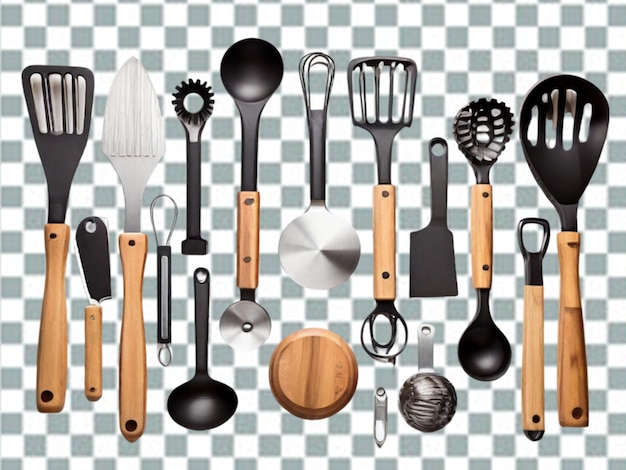 PSD flat lay kitchen utensils arrangement png