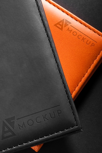 Flat lay of leather agendas mock-up