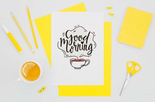 PSD flat lay lovely paper mock-up with yellow objects