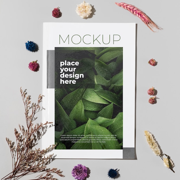 PSD flat lay magazine and flowers