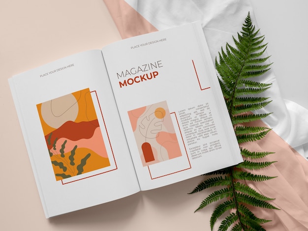 Flat lay magazine and plant mockup