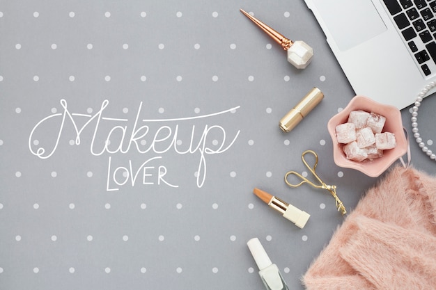 PSD flat lay of make-up concept mock-up