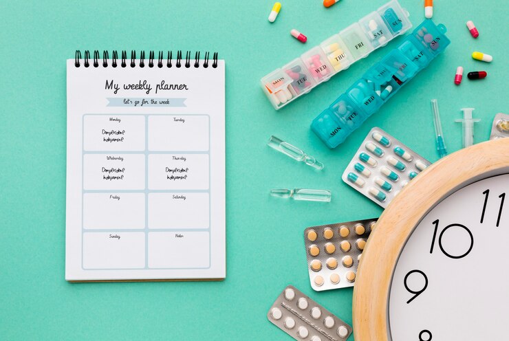PSD flat lay medicine on green background