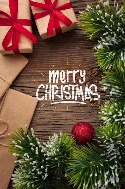 flat lay merry christmas and christmas pine leaves