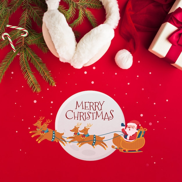 PSD flat lay merry christmas on christmas red background