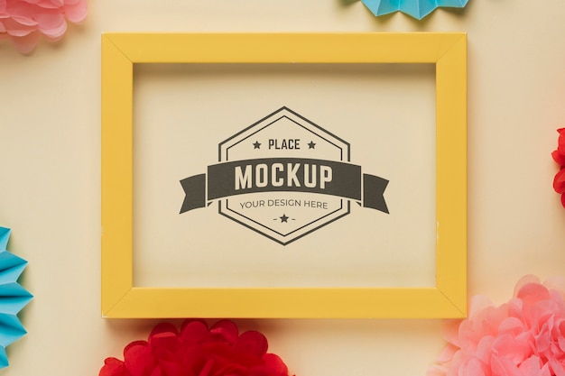 PSD flat lay of mock-up frame with multicolored decorations