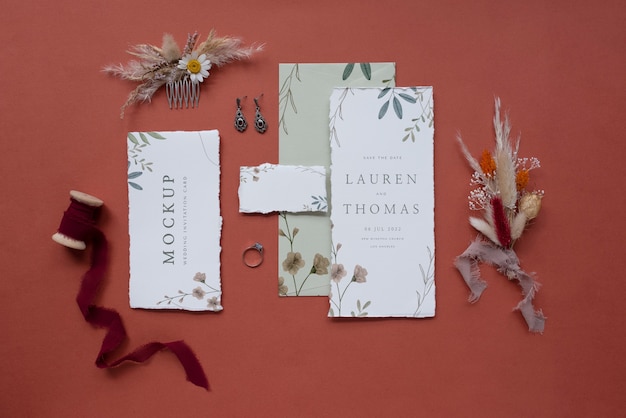 PSD flat lay of mock-up rustic paper wedding invitation with leaves and flowers