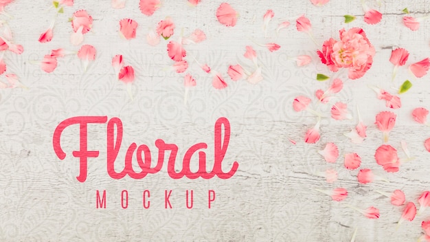 PSD flat lay mock-up with rose petals and flowers