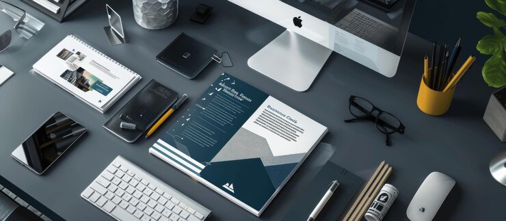 PSD a flat lay of a modern workspace with a laptop phone notebook pen and a cup of coffee