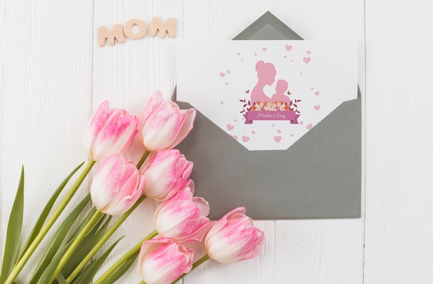 Flat lay mothers day card mockup