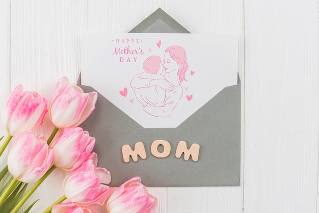 PSD flat lay mothers day card mockup