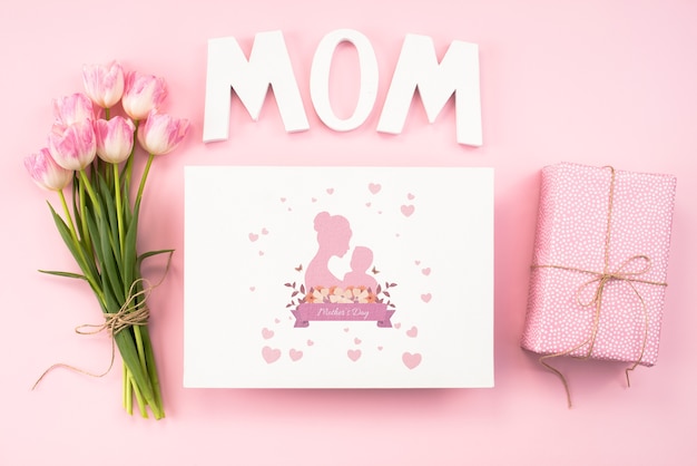 PSD flat lay mothers day card mockup