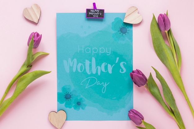 Flat lay mothers day card mockup