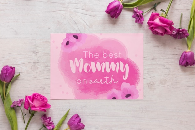 Flat lay mothers day card mockup