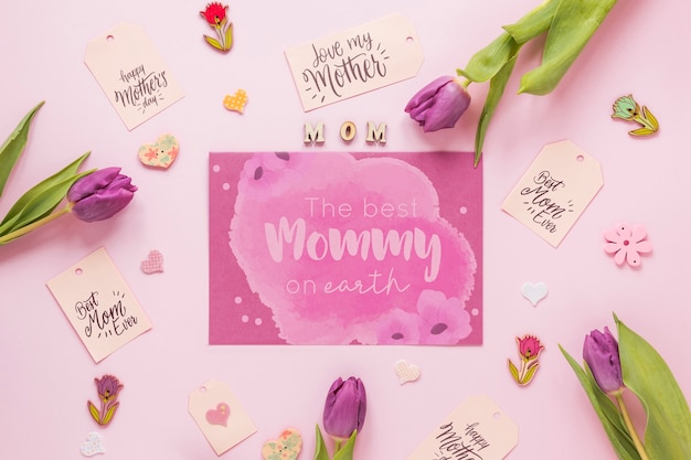 Flat lay mothers day card mockup