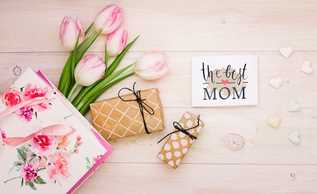 Flat lay mothers day composition with card mockup