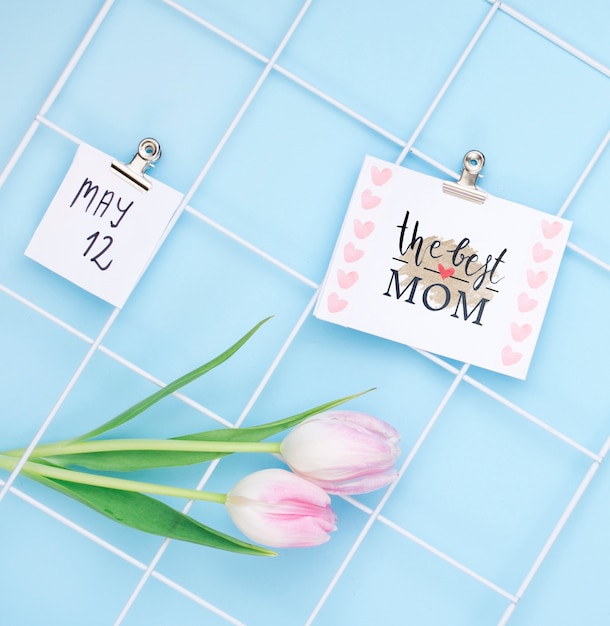 Flat lay mothers day composition with card mockup