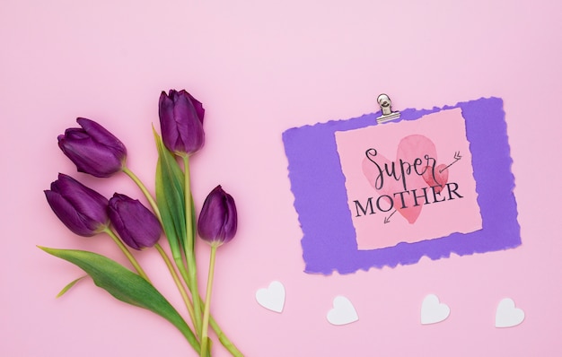 Flat lay mothers day composition with card mockup