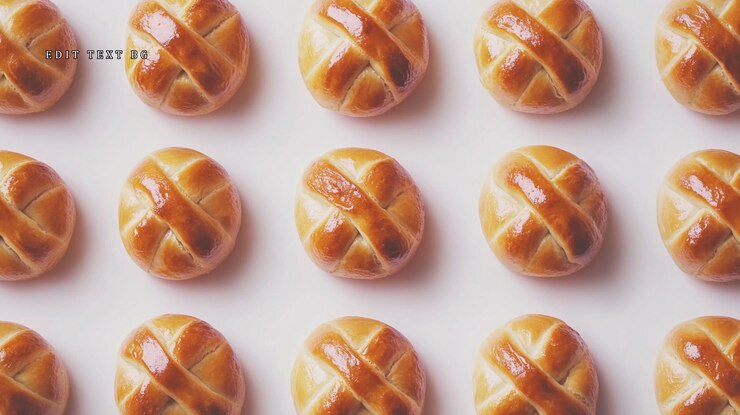 PSD flat lay of multiple goldenbrown baked goods arranged in neat rows on a white background