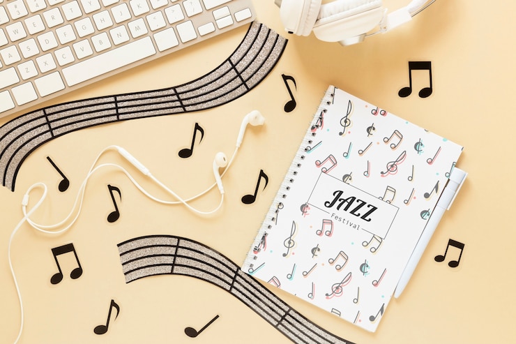 PSD flat lay of music concept on plain background