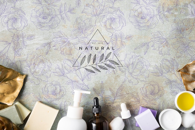 PSD flat lay of natual skincare cosmetics