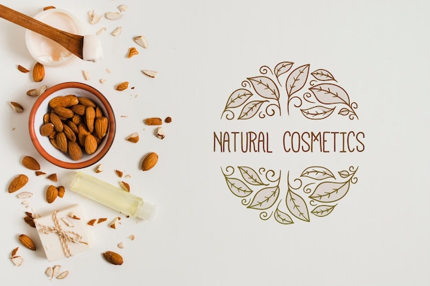 PSD modello di logo di cosmetici naturali piatti laici