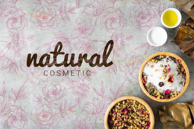 PSD flat lay of natural skincare cosmetics