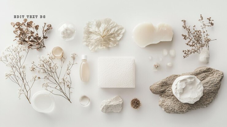 PSD flat lay of natural skincare products and botanicals on white background