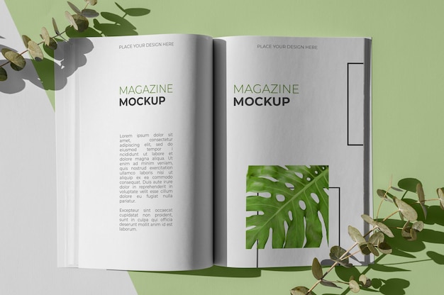 PSD flat lay nature magazine cover mock-up with leaves assortment