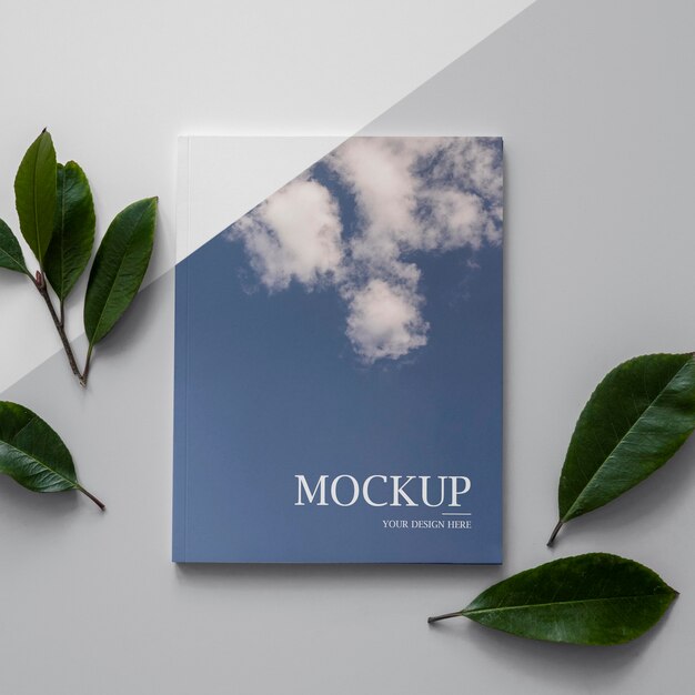 Flat lay nature magazine cover mock-up with leaves