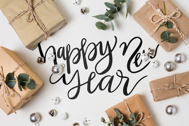 flat lay of new year and gifts