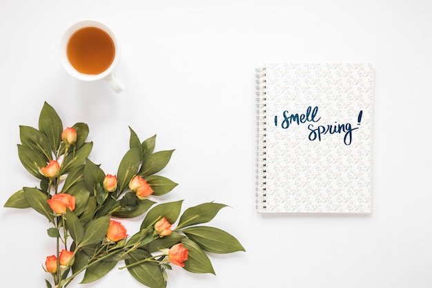 Flat lay notepad mockup for spring