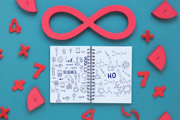 Flat lay of notebook with infinity and numbers