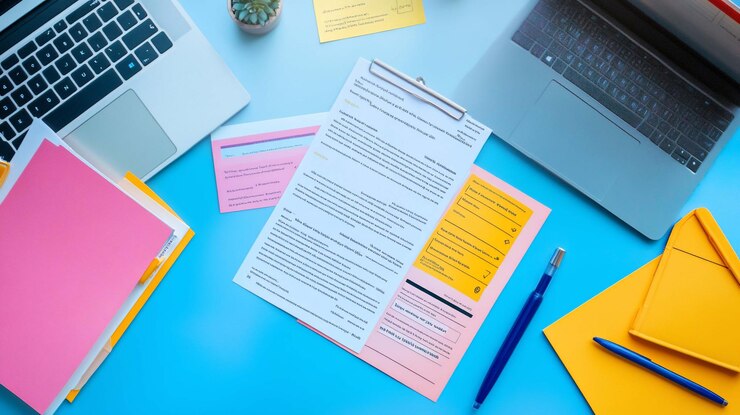 PSD flat lay of office desk with laptop documents folders and stationery