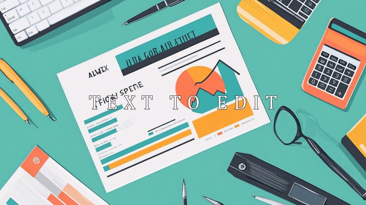 PSD flat lay of office supplies and financial report with charts and graphs