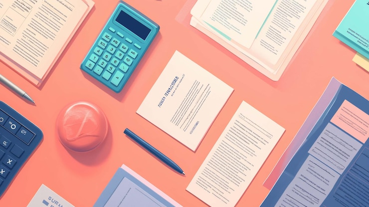 PSD flat lay of office supplies including documents a calculator and a pen