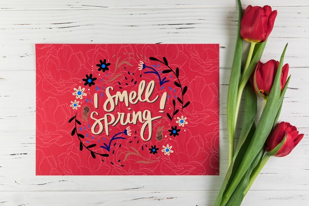 PSD flat lay paper card mockup with spring concept