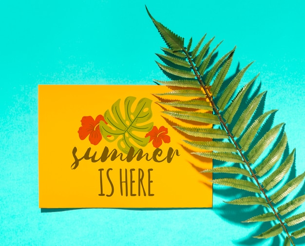 PSD flat lay paper card mockup with summer elements