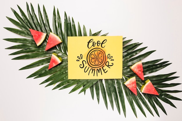 Flat lay paper card mockup with summer fruits