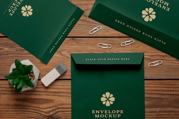 Flat lay of paper envelope mock-up