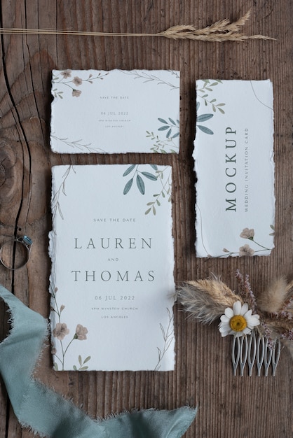 PSD flat lay of paper mock-up rustic wedding invitation with leaves and flowers