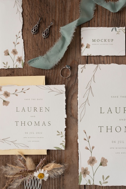 Flat lay of paper mock-up rustic wedding invitation with leaves and flowers