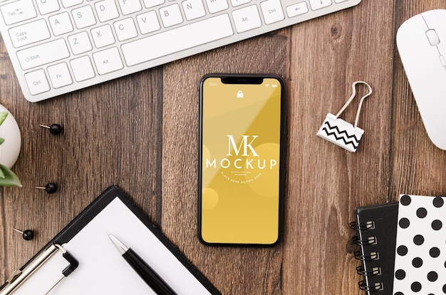 flat lay phone mock-up on desk