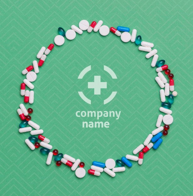 flat lay pills on green background