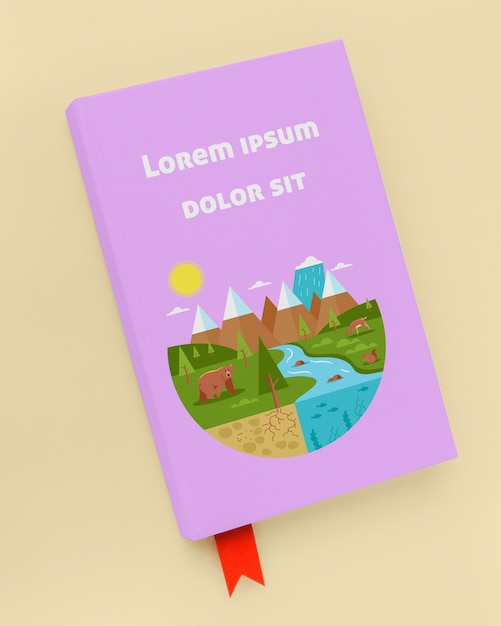 Mock-up di libro viola piatto disteso